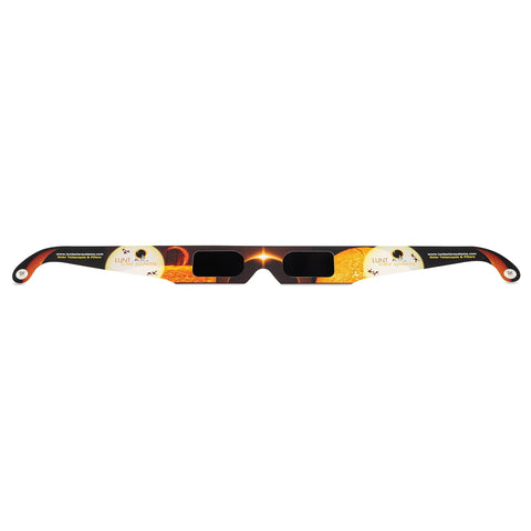 Front view of AAS Approved ISO and CE Solar Eclipse Glasses for 2026 Total Eclipse in Spain, featuring a solar-themed design.