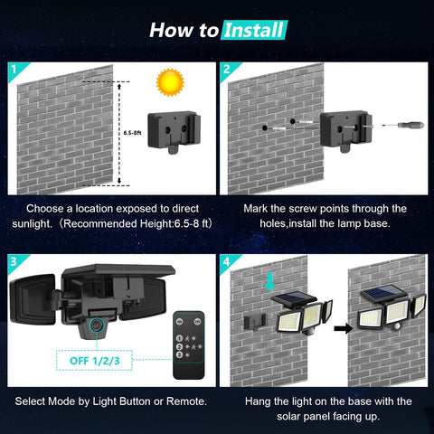 Installation guide for Solar Outdoor Security Lights With Remote Control 2500LM 210 LED Three Head Motion Sensor Flood Lights.