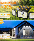 Three Head Outdoor Solar Flood Lights With Motion Sensor And 270 Degree Wide Coverage 2500 Lumens installed on stone house