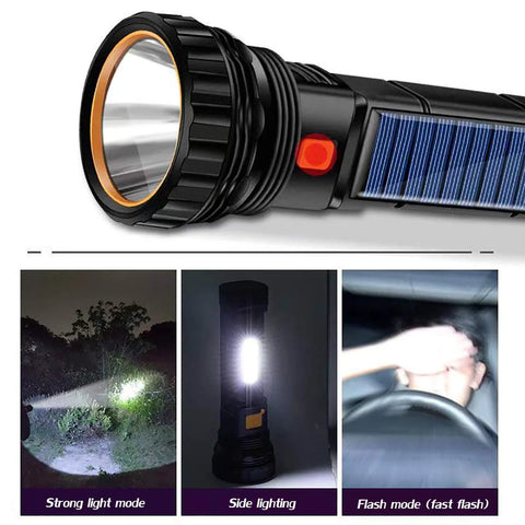 Solar Rechargeable Multi Function 1000 Lumens LED Flashlight With Emergency Strobe Light And 1200mAh Battery Portable Power Bank