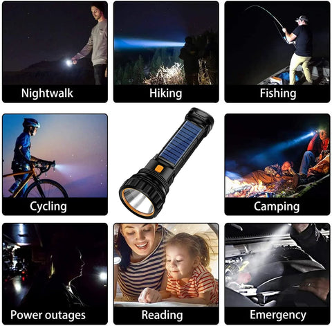 Solar Rechargeable Multi Function 1000 Lumens LED Flashlight With Emergency Strobe Light And 1200mAh Battery Portable Power Bank USB Charging Cable Fast Charging IPX5 Outdoor Camping Boating Home Emergency shown in various activities like fishing and reading.