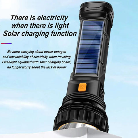 Solar Rechargeable Multi Function 1000 Lumens LED Flashlight With Emergency Strobe Light And 1200mAh Battery Portable Power Bank USB Charging Cable Fast Charging IPX5 Outdoor Camping Boating Home Emergency showing solar panel feature.