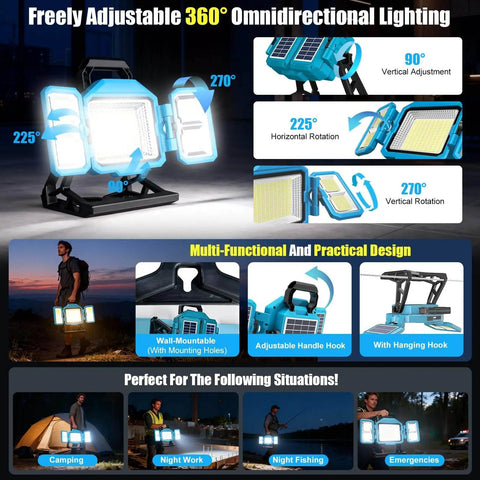 Solar Powered 52000 Lumen LED Work Light With 600W Main And Side Lights, foldable design, 360 degree rotation, and wall mountable options.