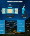 Product specifications for Solar Powered 52000 Lumen LED Work Light With 600W Main And Side Lights Foldable 52000mAh Rechargeable 3 Modes