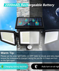 Image of Solar Outdoor Security Lights with Remote Control 2500LM 210 LED Three Head Motion Sensor Flood Lights on wall.