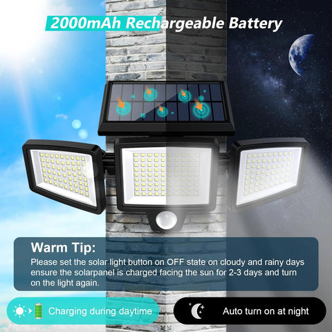 Image of Solar Outdoor Security Lights with Remote Control 2500LM 210 LED Three Head Motion Sensor Flood Lights on wall.