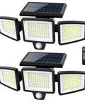 Solar Outdoor Security Lights With Remote Control 2500LM 210 LED Three Head Motion Sensor Flood Lights, showing front view of lights with remote
