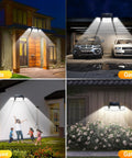 Three Head Outdoor Solar Flood Lights With Motion Sensor And 270 Degree Wide Coverage 2500 Lumens IP65 Weatherproof for gate, garage, backyard, and garden.