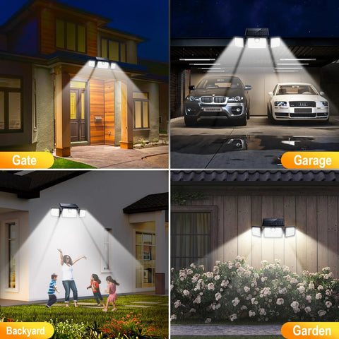 Three Head Outdoor Solar Flood Lights With Motion Sensor And 270 Degree Wide Coverage 2500 Lumens IP65 Weatherproof for gate, garage, backyard, and garden.
