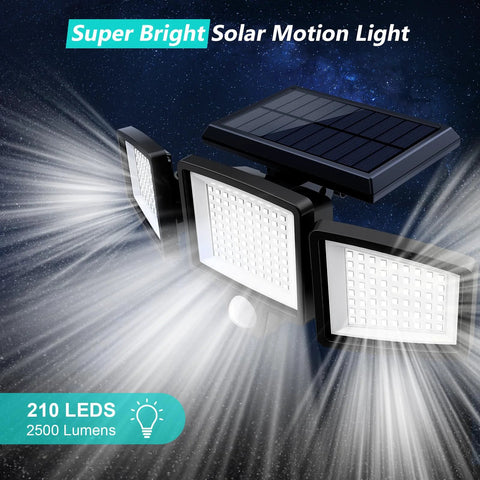 Solar Outdoor Security Lights With Remote Control 2500LM 210 LED Three Head Motion Sensor Flood Lights showing LED brightness