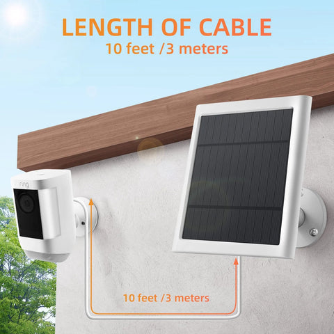 2 Pack 4W Solar Panel Charger For Outdoor Security Cameras Compatible With Stick Up Cam 2nd/3rd Gen And Spotlight Cam Plus Pro Battery installed beside a camera.
