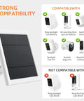 2 Pack 4W Solar Panel Charger For Outdoor Security Cameras Compatible With Stick Up Cam 2nd/3rd Gen And Spotlight Cam Plus Pro Battery, easy installation with compatibility chart highlighting devices.