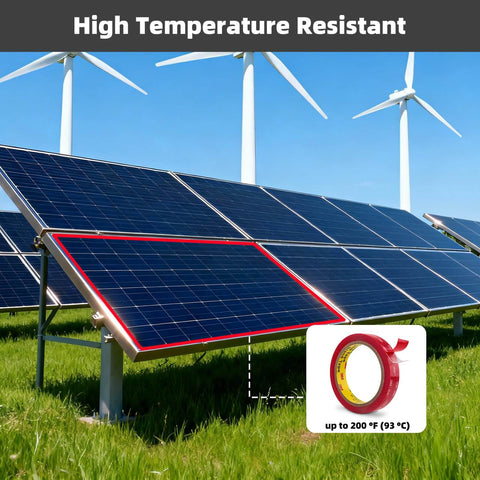 Clear Heavy Duty Double Sided Mounting Tape With Waterproof Foam Adhesive 4905 shown in solar panel use, wind turbines in background