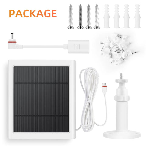 2 Pack 4W Solar Panel Charger For Outdoor Security Cameras Compatible With Stick Up Cam 2nd/3rd Gen And Spotlight Cam Plus Pro Battery, 10 Ft Cable With USB C To Barrel Plug Adapter, Waterproof And Easy Installation package contents including solar panel, mounting accessories, and cables.