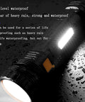Solar Rechargeable Multi Function 1000 Lumens LED Flashlight With Emergency Strobe Light and 1200mAh Battery shown in rain