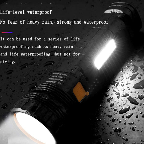 Solar Rechargeable Multi Function 1000 Lumens LED Flashlight With Emergency Strobe Light and 1200mAh Battery shown in rain