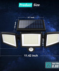 Solar Outdoor Security Lights With Remote Control 2500LM 210 LED Three Head Motion Sensor Flood Lights dimensions shown.