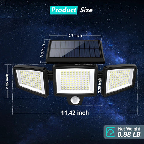 Solar Outdoor Security Lights With Remote Control 2500LM 210 LED Three Head Motion Sensor Flood Lights dimensions shown.