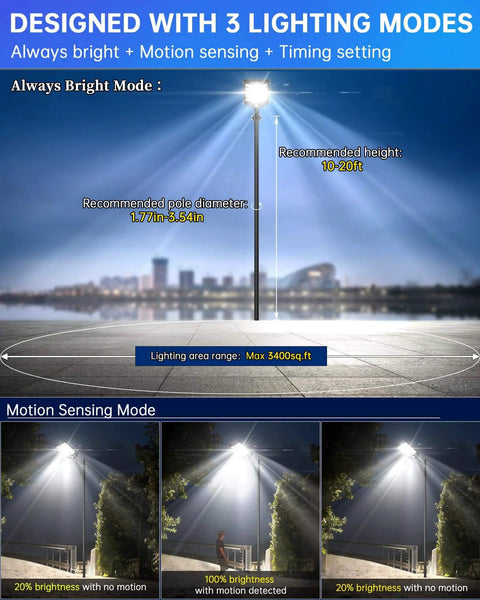 Solar Street Light Dusk To Dawn 6500K Daylight White Flood Light for Parking Lot Court Road and Yard, IP67 Waterproof, motion sensor, 320 LED