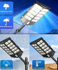 Solar Street Light Dusk To Dawn 6500K Daylight White Flood Light with IP67 waterproof features, 320 LED beads, shown in various weather conditions.