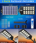 Solar Street Light Dusk To Dawn 6500K Daylight White Flood Light package contents and dimensions shown.