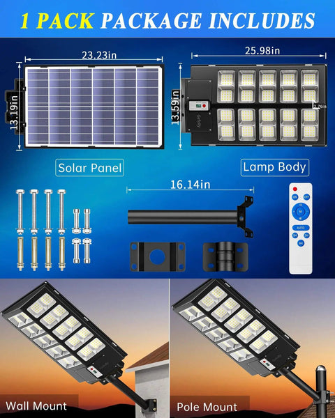 Solar Street Light Dusk To Dawn 6500K Daylight White Flood Light package contents and dimensions shown.