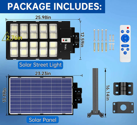Package contents of Crazy Bright Solar Street Light With Motion Sensor Dusk To Dawn Outdoor Flood Lamp 520000LM 6500K Waterproof
