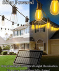 Solar Outdoor String Lights 50 Feet Waterproof LED Edison S14 Bulbs Solar Powered For Patio Deck Yard Fence Balcony Backyard Porch And Camping With Weatherproof Construction And Four Brightness Modes For Warm Energy Efficient Night Lighting installed on house