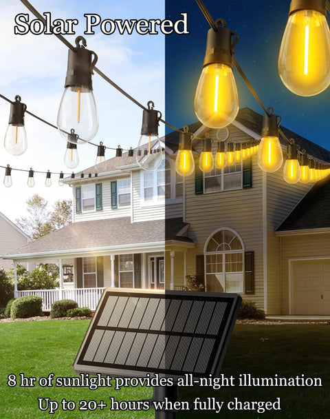 Solar Outdoor String Lights 50 Feet Waterproof LED Edison S14 Bulbs Solar Powered For Patio Deck Yard Fence Balcony Backyard Porch And Camping With Weatherproof Construction And Four Brightness Modes For Warm Energy Efficient Night Lighting installed on house