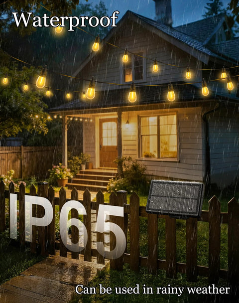 Solar Outdoor String Lights 50 Feet Waterproof LED Edison S14 Bulbs illuminated at night with a solar panel in the rain in a backyard.