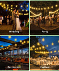 Solar Outdoor String Lights 50 Feet Waterproof LED Edison S14 Bulbs used at wedding, party, restaurant, and festival settings.