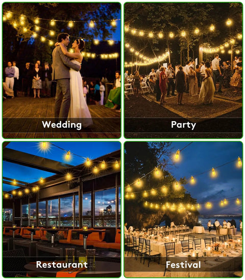 Solar Outdoor String Lights 50 Feet Waterproof LED Edison S14 Bulbs used at wedding, party, restaurant, and festival settings.