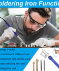 Man using soldering iron on circuit board with close-up of soldering iron tool and tips with Powerful Pro Grade 100W Plastic Welding Kit