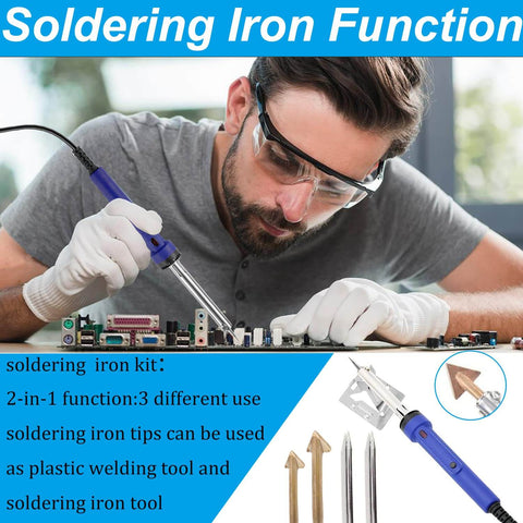 Man using soldering iron on circuit board with close-up of soldering iron tool and tips with Powerful Pro Grade 100W Plastic Welding Kit
