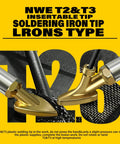 Close-up of new T2 & T3 insertable soldering iron tips against yellow background, promoting durability and precision.
