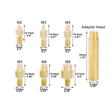 Pro Heat Set Soldering Tips Kit for Easy Heat Set Inserts in 3D Printing, brass tips and adapter for M2 to M8 thread inserts
