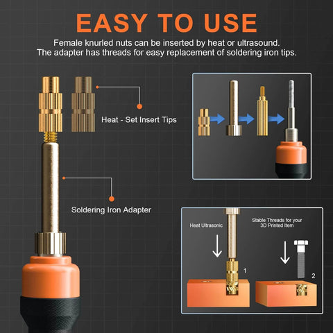 Diagram of 440PCS Threaded Inserts Set with Soldering Tip & Adapter showing heat-set insert tips and soldering iron adapter instructions.