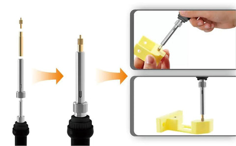 Pro Heat Set Soldering Tips Kit for Easy Heat Set Inserts in 3D Printing, 7-Pack Brass Tips shown with adapters and installation process