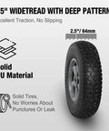 Solid rubber tires and wheels, 10 inch flat free tubeless wheels with 5/8" axle bore hole, 2.1" offset hub, side view of tread