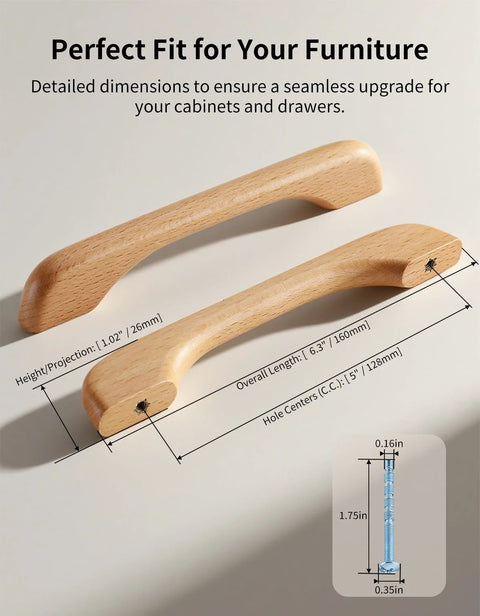 2 Pack Solid Beech Wood Cabinet Pulls With 5 Inch Hole Centers 128mm And 6.29 Inch Overall Length 160mm Bridge Style