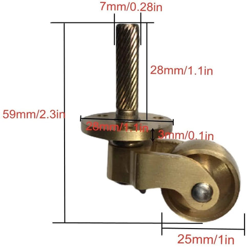 Side view of Solid Brass Caster Set With 25mm Wheels, 360 Degree Swivel, Screw Mount Fittings, showing dimensions.