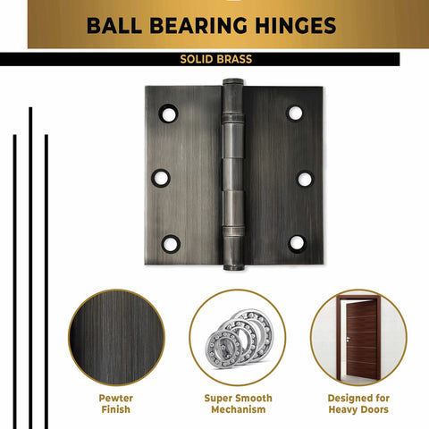 Brass Ball Bearing Door Hinges 3.5 x 3.5 Inches Solid Brass Heavy Duty Architectural Mortise Hinges in Pewter Finish for Heavy Doors