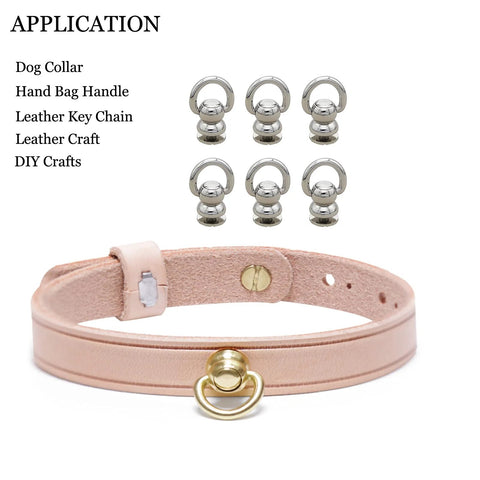 Solid Brass Ball Studs 6 Pack 360 Degree Rotating Leather Rivets With D Ring And Chicago Screw Back displayed with dog collar