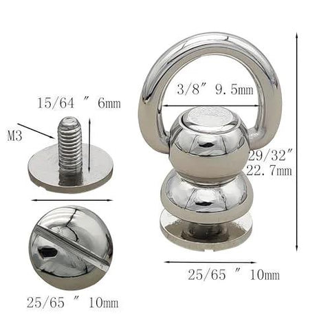 Solid Brass Ball Studs 6 Pack 360 Degree Rotating Leather Rivets With D Ring And Chicago Screw Back, silver finish, 9.5mm size