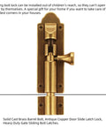 Solid Cast Brass Barrel Bolt For Doors And Gates, Antique Brass Sliding Latch Lock, front view with secure locking mechanism.