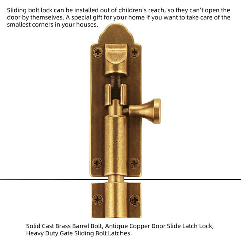 Solid Cast Brass Barrel Bolt For Doors And Gates, Antique Brass Sliding Latch Lock, front view with secure locking mechanism.