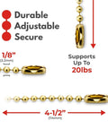 4.5” Beaded Ball Keychains (100 Pack) Solid Brass Bead Size #6 Tag Chains USA Made, showing dimensions and weight capacity