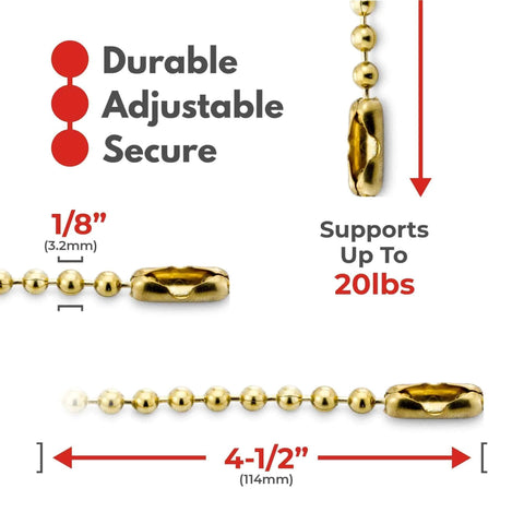 4.5” Beaded Ball Keychains (100 Pack) Solid Brass Bead Size #6 Tag Chains USA Made, showing dimensions and weight capacity