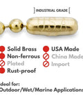 Close-up of 4.5” Beaded Ball Keychains (100 Pack) Solid Brass Bead Size #6 Tag Chains USA Made, highlighting brass material and USA lettering.