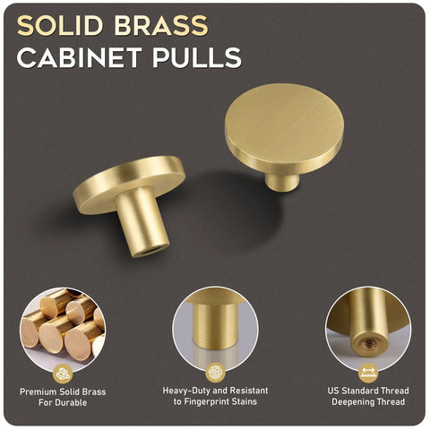 Solid Brass Brushed Gold Cabinet Knobs Set Featuring Heavy Duty Real Brass Construction And Elegant Brushed Finish 1-1/8 Inch Round Knobs
